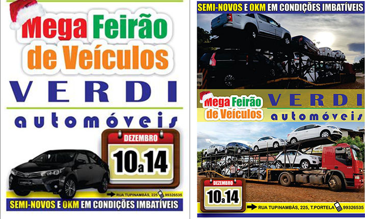 Mega Feirão de Veículos Verdi Automóveis do dia 10 á 14 de Dezembro.