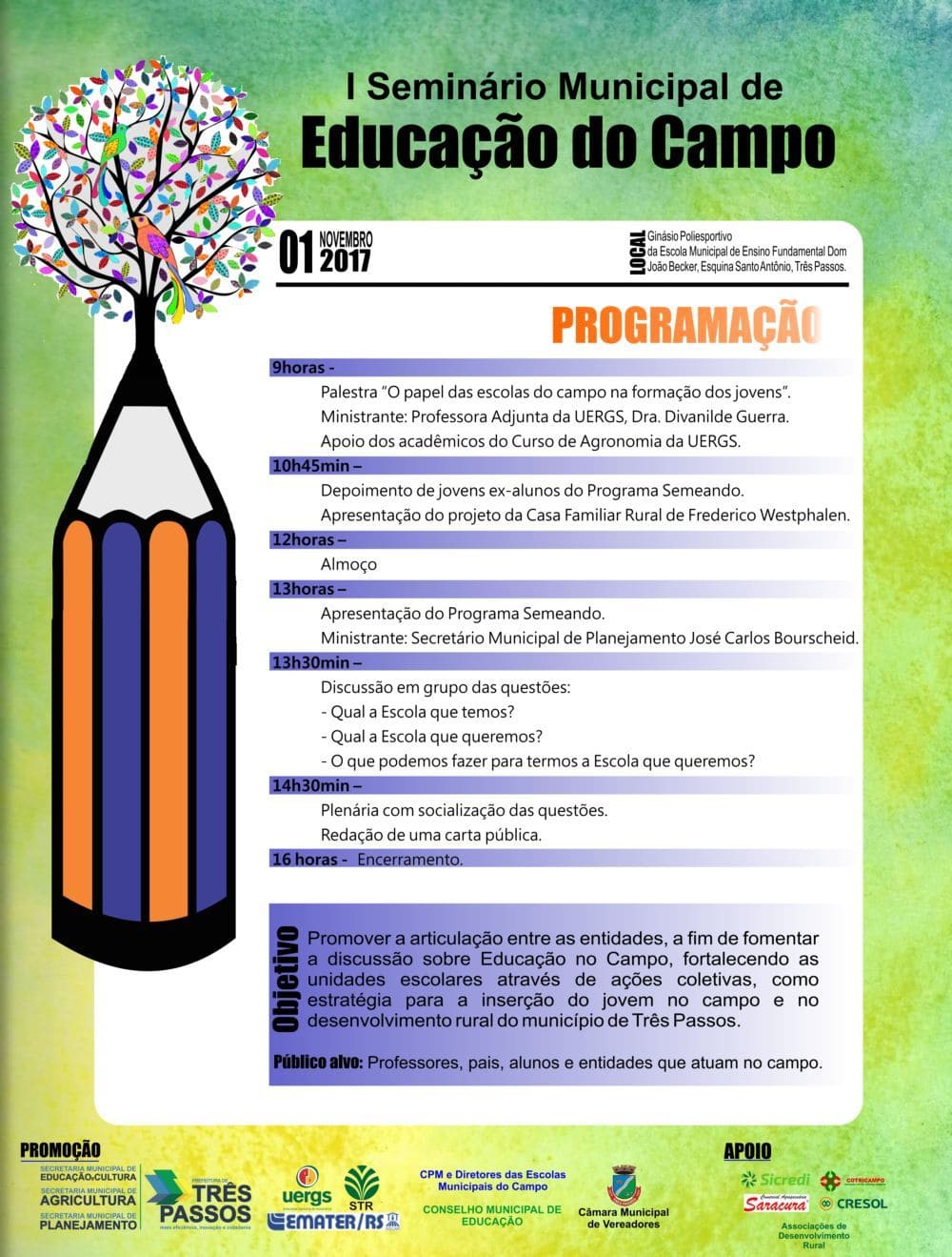 I Seminário Municipal de Educação do Campo vai ser realizado em Três Passos