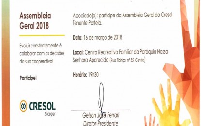 Participe da Assembléia Geral 2018, da Cresol de Tenente Portela