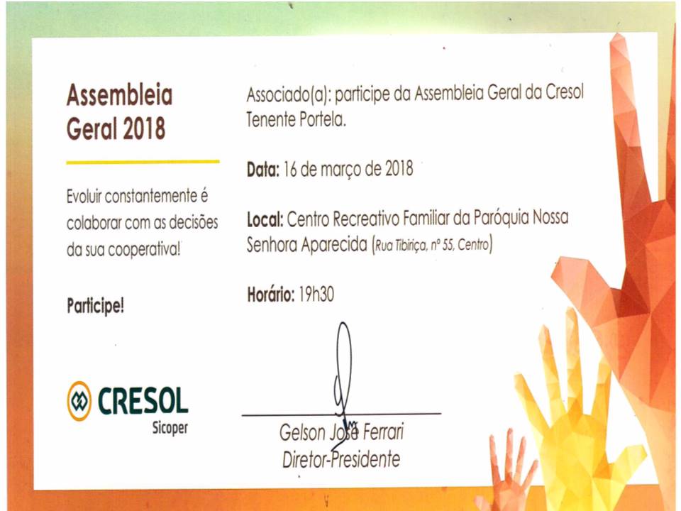 Participe da Assembléia Geral 2018, da Cresol de Tenente Portela