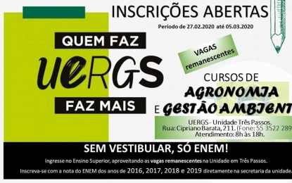 Uergs Três Passos abre vagas para os cursos de Agronomia e Gestão Ambiental