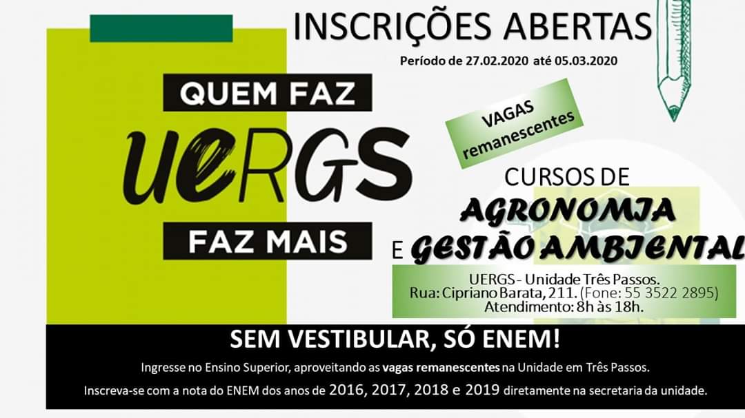 Uergs Três Passos abre vagas para os cursos de Agronomia e Gestão Ambiental